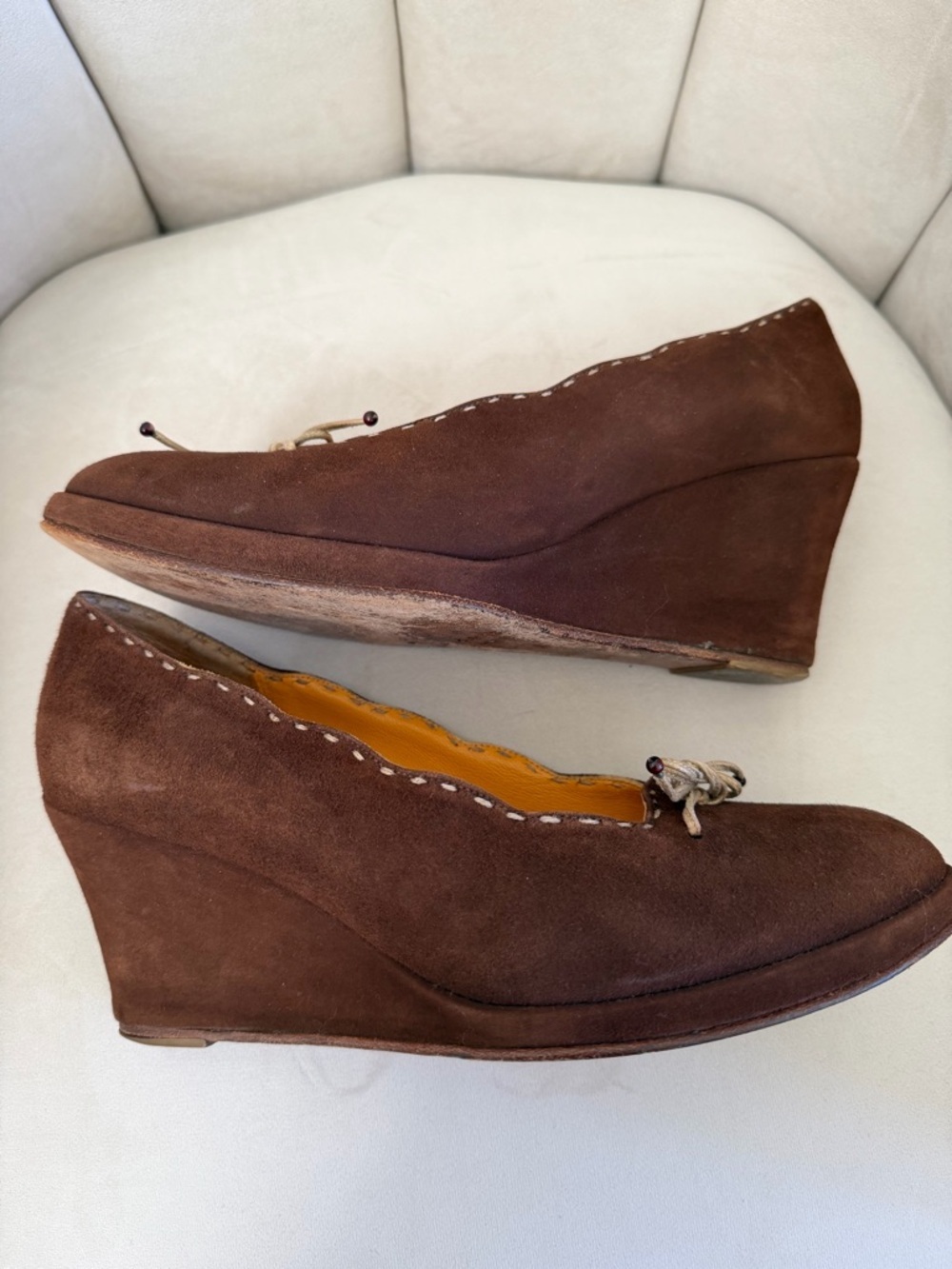 Henry Cuir Barneys New York Brown Suede Wedges Slip On Shoes Bow-Detail Vtg Y2K8 - Picture 3 of 10
